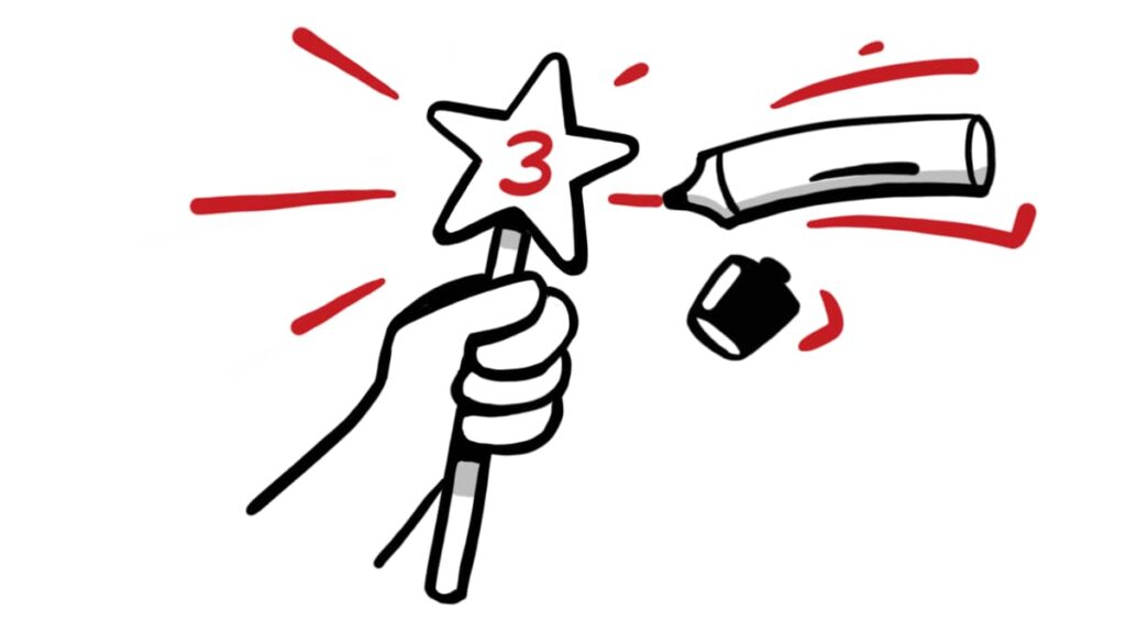 A hand holding a star wand with the number 3, and a marker with its cap flying off, symbolizing the power of explainer videos to simplify complex ideas.