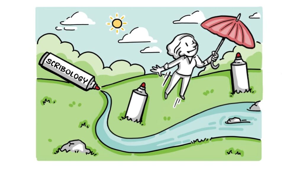 A person holding an umbrella while floating above a grassy field, with large spray cans labeled "Scribology" around them, symbolizing clarity and focus in messaging.