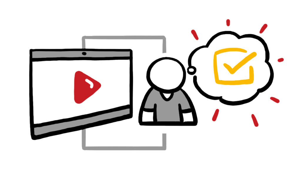 Person watches a healthcare explainer video; a checkmark thought bubble indicates clear understanding for all literacy levels.