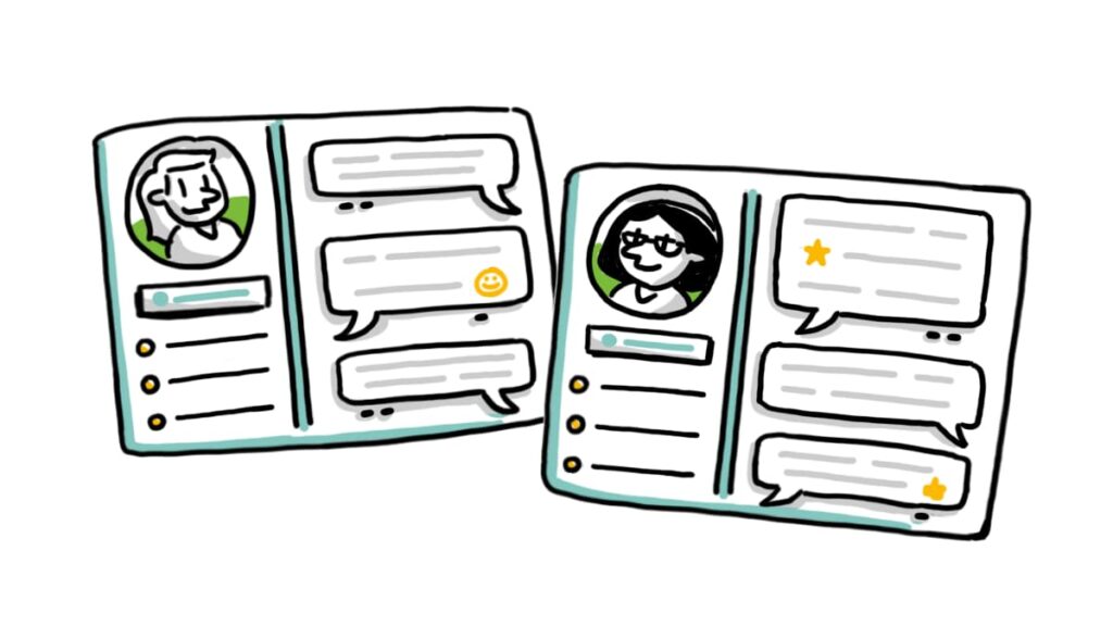 Hand-drawn illustration showing a video player receiving inputs from HR, multilingual messages, employee badges, and team members to represent remote team communication.