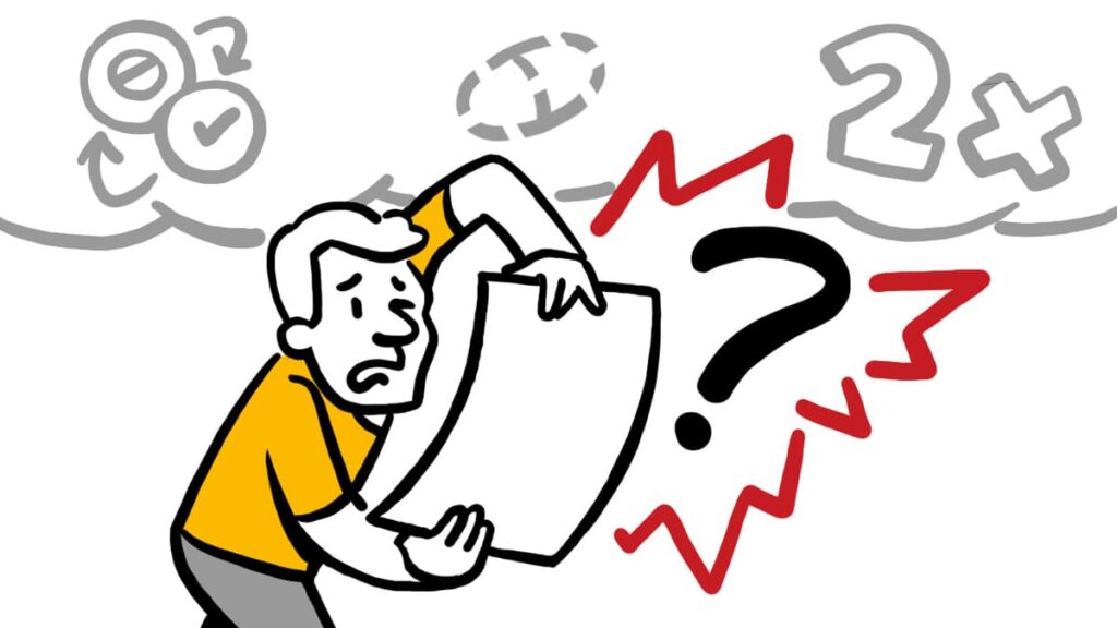 Confused patient struggles to understand text-only medical paperwork, highlighted by a large question mark.