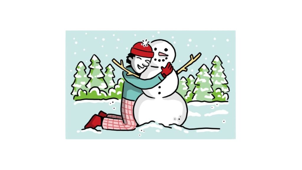Illustration of a person hugging a snowman in a snowy forest, symbolizing the clarity and confidence needed in effective change communication.