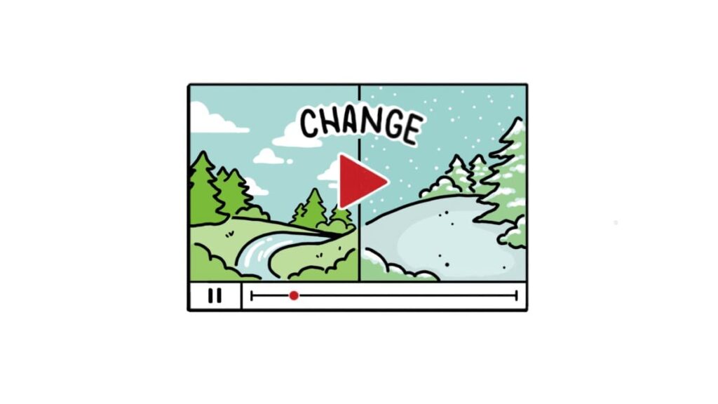 Illustration of a split-screen video player showing a landscape changing from summer to winter to represent clear communication during organizational change.