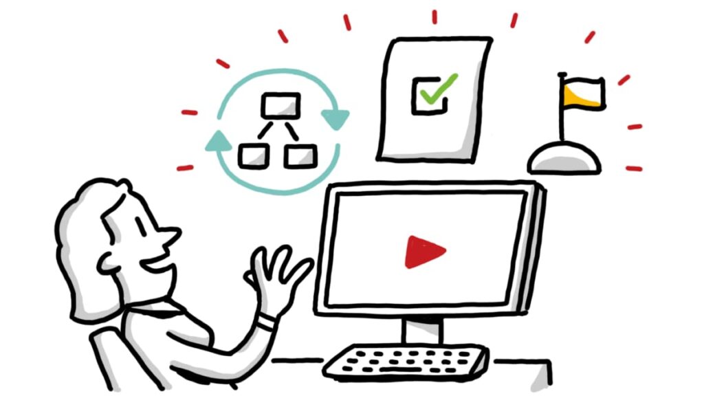 Hand-drawn illustration of an employee watching a whiteboard video on a computer, with icons for workflows, checklists, and milestones representing clear company-wide updates.