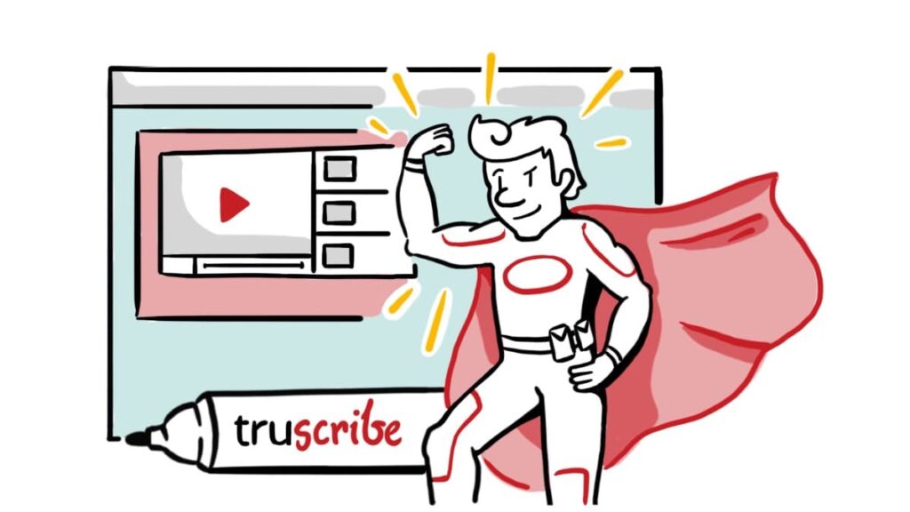 Illustration of a superhero next to a video player and TruScribe marker, representing custom Scribology whiteboard videos in action.