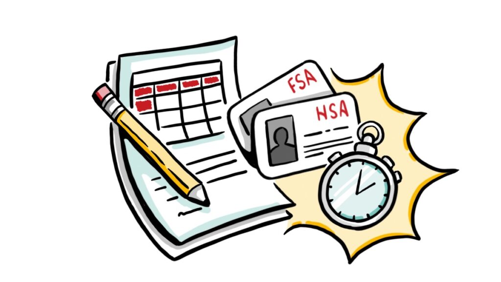 Illustration of HR benefits materials including HSA and FSA cards, documents, and a clock, representing clear communication of complex HR topics.