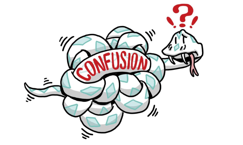 Illustrated whiteboard-style image of a tangled brain labeled “Confusion” with a questioning snake head, representing how unclear messaging creates friction and blocks audience understanding.