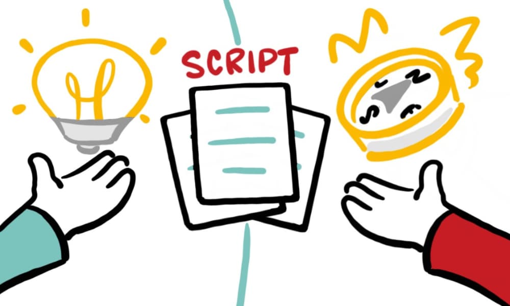 Illustration of collaborative whiteboard animation scripting with idea lightbulb, structured script, and time-saving workflow