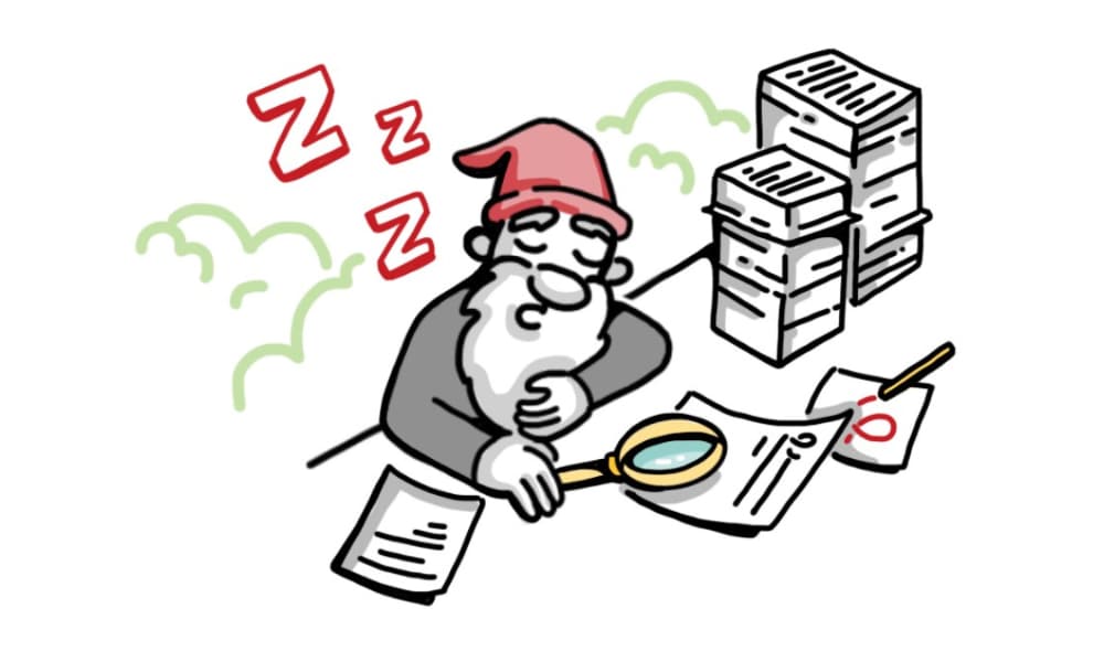 Illustration of a tired character overwhelmed by paperwork, representing cognitive overload caused by dense, text-heavy employee training.