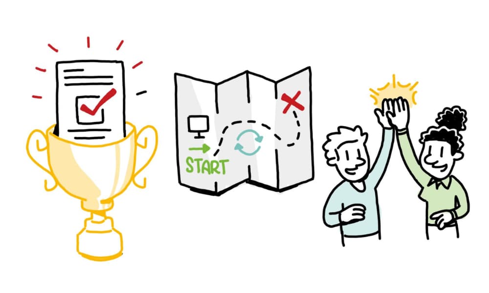Illustration of a checklist trophy, a mapped process with a clear path, and two people high-fiving, representing efficient HR communication that reduces rework and increases impact.