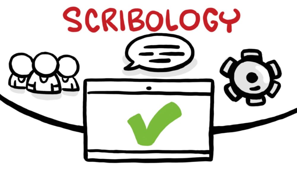 Whiteboard illustration labeled “Scribology” showing a laptop with a green checkmark, team icons, a speech bubble, and a gear, representing consistent, adaptable total rewards communication for every role and location.