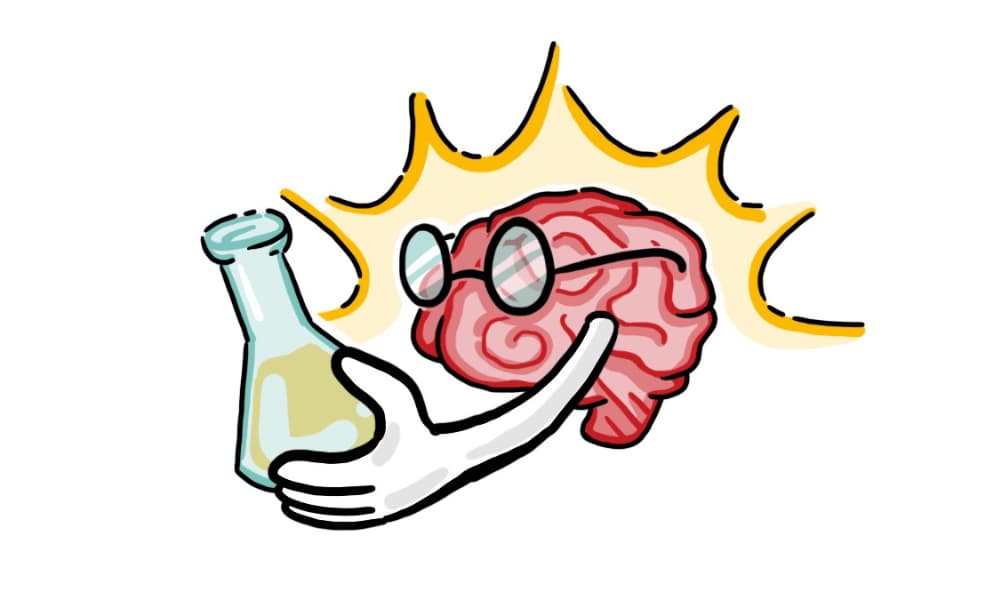 Brain wearing glasses held beside a lab flask, highlighted with a burst—representing expert-driven, script-first storytelling that ensures scientific accuracy and clarity.