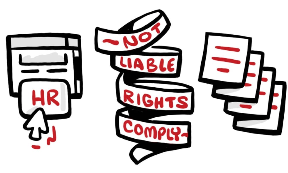 Whiteboard illustration of an HR portal button, stacked compliance ribbons labeled “not liable,” “rights,” and “comply,” and dense document pages, representing how total rewards information gets buried in legal language and hard-to-navigate formats.