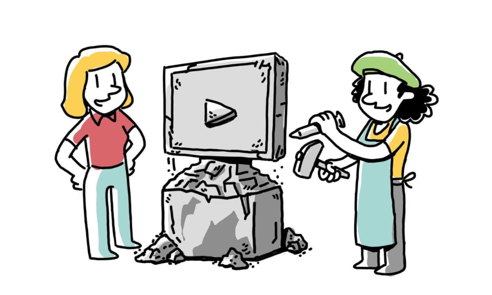 Illustration of a person chiseling a video play button out of stone while another observes, symbolizing the craftsmanship and strategic effort behind creating clear, engaging HR communication.