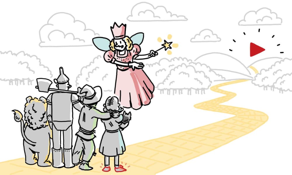 Illustration of characters following a yellow brick road toward a glowing play button, symbolizing clear internal communication guiding teams toward shared goals.