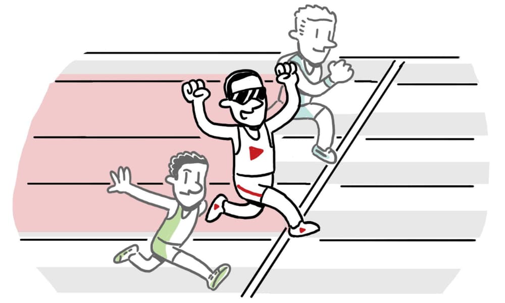 Illustration of a runner with a video play icon racing ahead, symbolizing how clear tech explainer videos create business advantage.