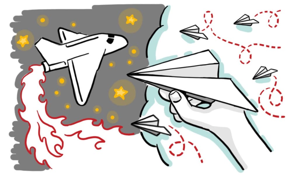 Whiteboard illustration showing paper airplanes and a rocket to represent turning complex ideas into clear, engaging communication.
