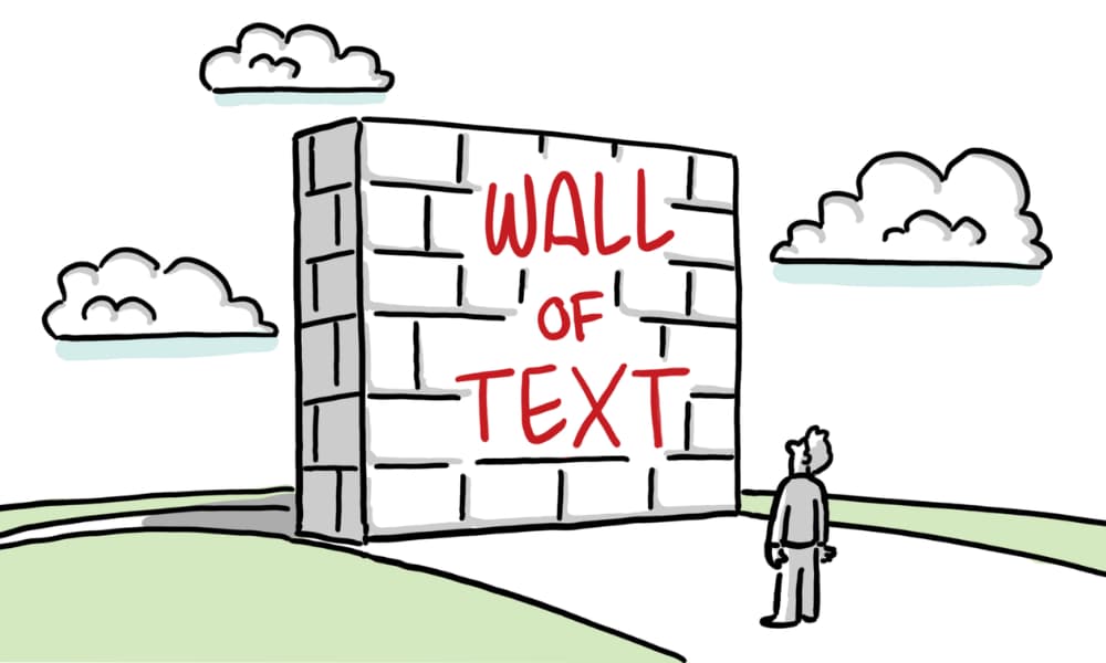 Illustration of a person facing a large wall labeled “Wall of Text,” symbolizing how explainer videos turn complex information into clear visual stories.