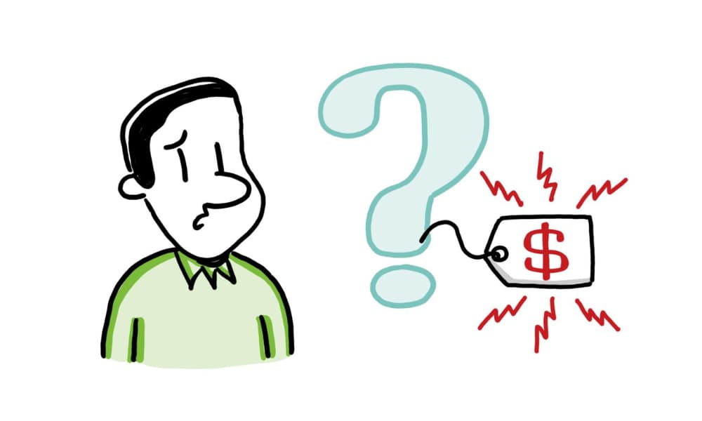 Illustration of a confused person facing a question mark and price tag, representing how complex tech messaging can obscure innovation and value.