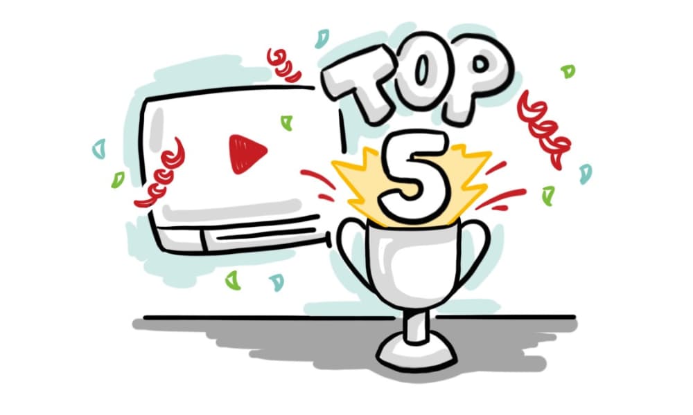 Illustration of a video screen and trophy labeled “Top 5,” representing the top reasons training videos improve learning and engagement.