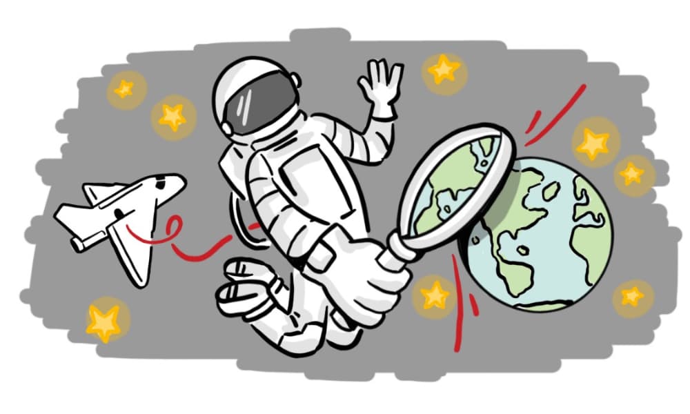 Whiteboard illustration of an astronaut using a magnifying glass to explore the world, representing visual storytelling that makes complex ideas easier to understand.