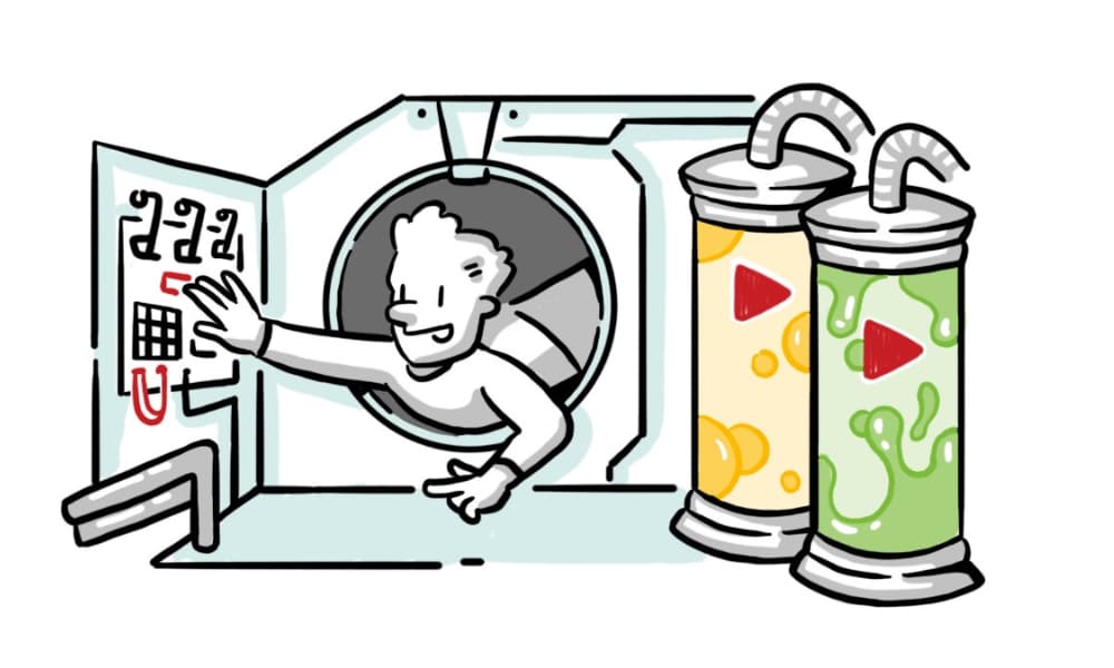 Whiteboard illustration of a person operating a machine with video canisters, representing whiteboard videos for clearer business communication.