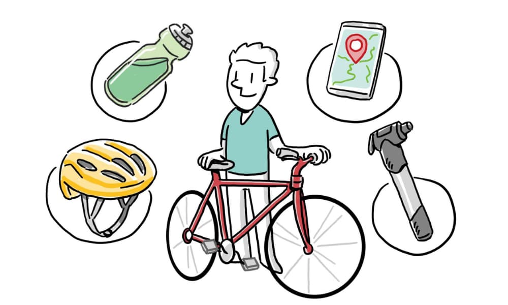 A person stands next to a red bicycle, surrounded by icons representing essential biking items: a water bottle, helmet, smartphone with a map, and a tool.