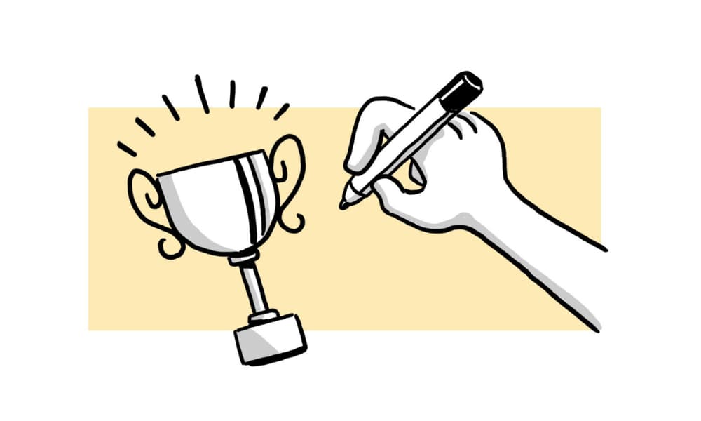 Hand-drawn trophy and marker illustrating how simple visuals guide attention and support understanding.