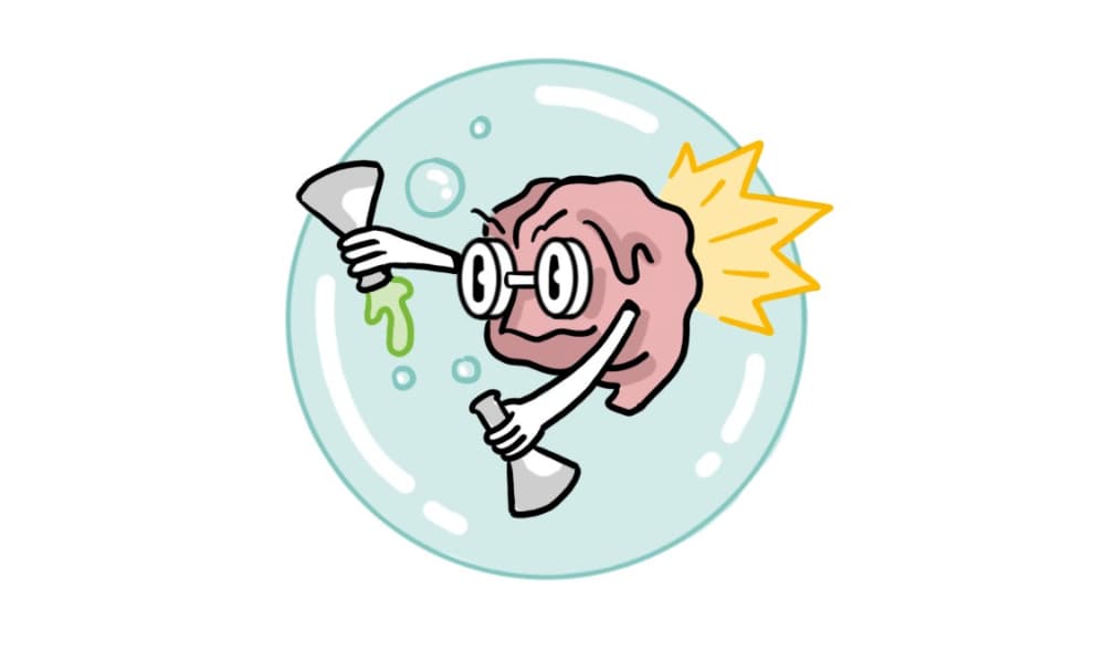 Cartoon brain with glasses holding lab flasks, representing Scribology’s science-based approach to accelerated learning.