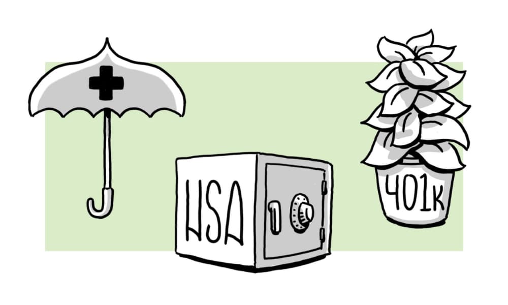 Hand-drawn umbrella with medical cross, HSA safe, and 401(k) plant illustrating a script-first approach to clear employee benefits communication.