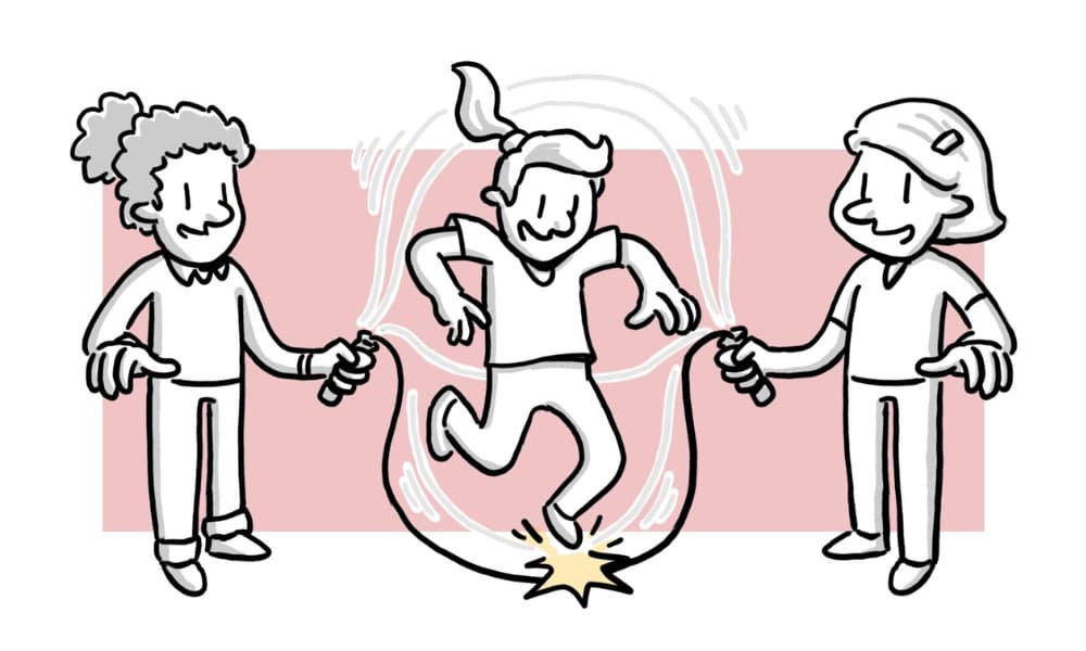 Hand-drawn people turning a jump rope, symbolizing strategic pacing that helps employees process information one step at a time.